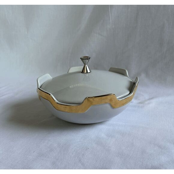 Vintage Royal Haeger USA Pottery. Mid Century Candy Dish, Gold Rimmed with Lid - Picture 1 of 10